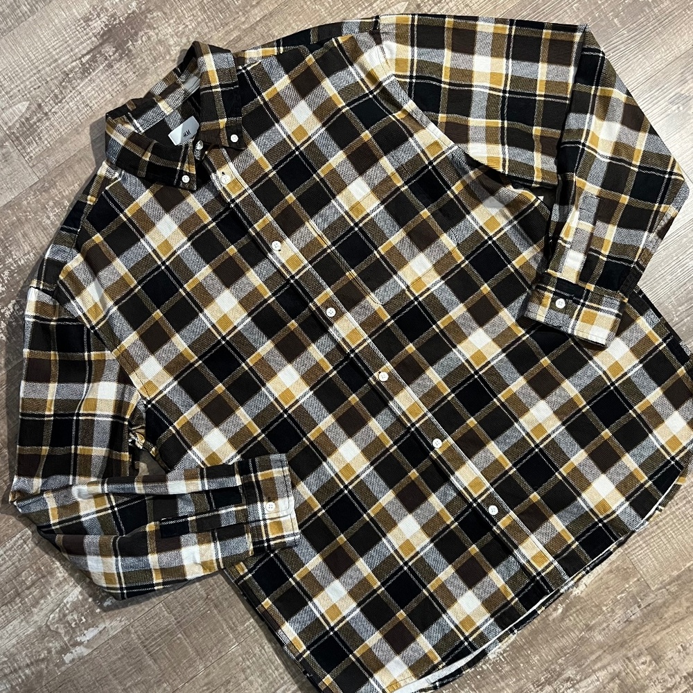 H&M Men's Relaxed Fit Heavy Plaid Shirt | Large | Brown/Yellow/White